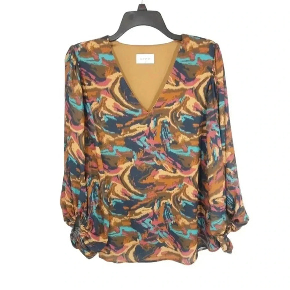 {Adrienne} Psychedelic Print Ballon Sleeve Blouse Size Medium - Picture 1 of 11